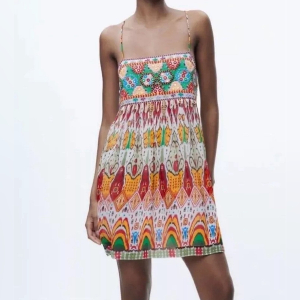 ZARA EMBROIDERED MINI SLEEVELESS DRESS WOMEN'S SIZE S NWT MULTICOLOR